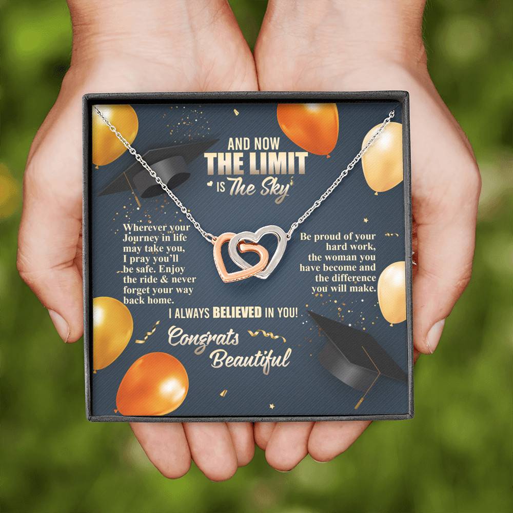 And Now The Limit Is The Sky Wherever Your Journey In Life May Take You Graduation Interlocking Hearts Pendant Necklace