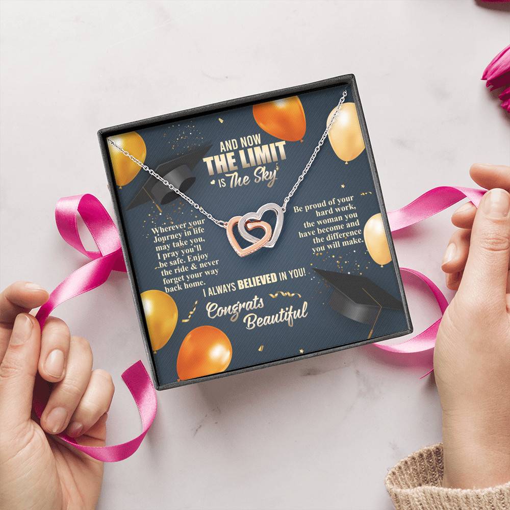 And Now The Limit Is The Sky Wherever Your Journey In Life May Take You Graduation Interlocking Hearts Pendant Necklace