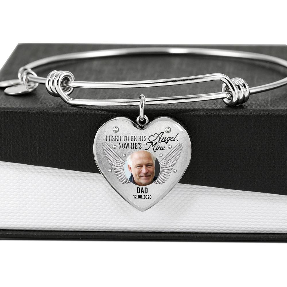 Personalized Custom Photo Daddy's Girl I Used To Be His Angel Now He's Mine Dad Memorial Heart Necklace - Bangle