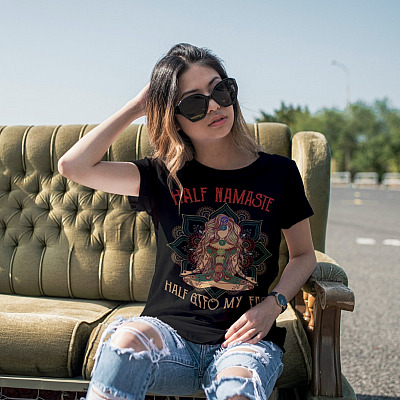 Alternative view of Half Namaste Half GTFO of My Face Funny Yoga T-Shirt - Bohemian Yoga Girl Shirt