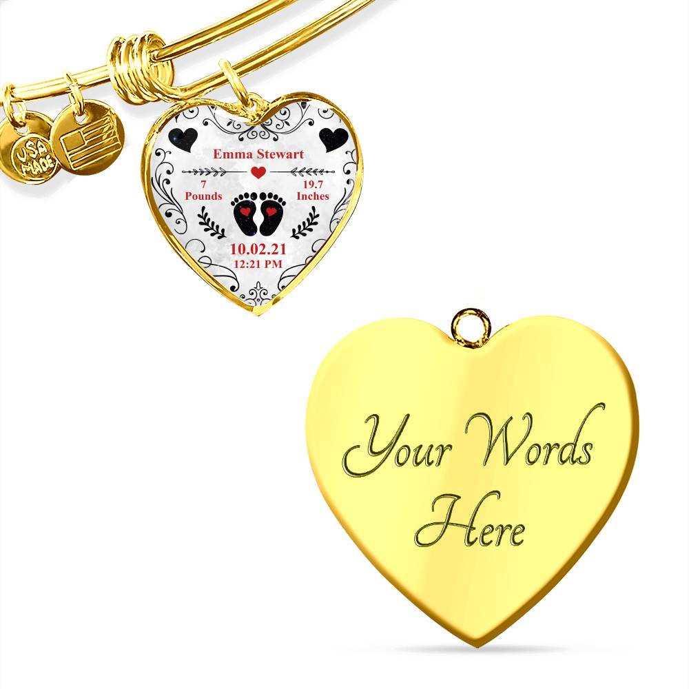 Personalized Baby Stats Heart Pendant Necklace - Bangle - Birth Announcement Gift