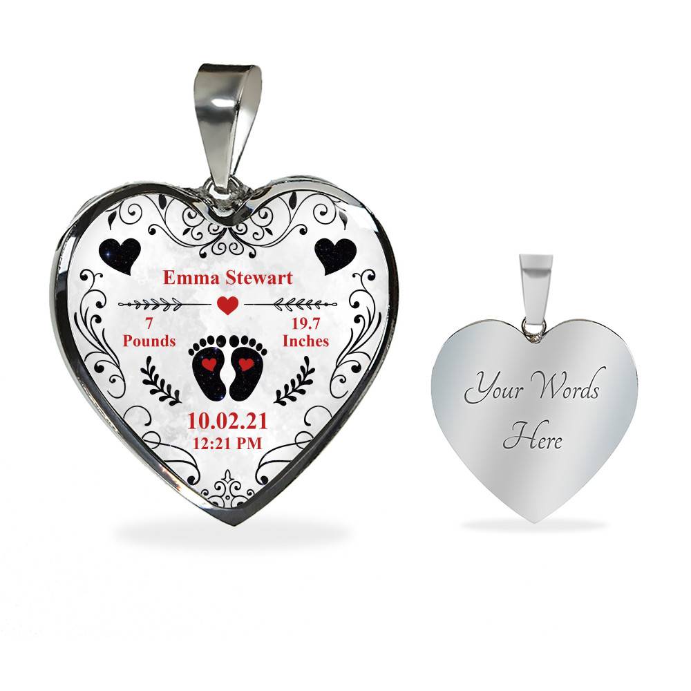 Personalized Baby Stats Heart Pendant Necklace - Bangle - Birth Announcement Gift