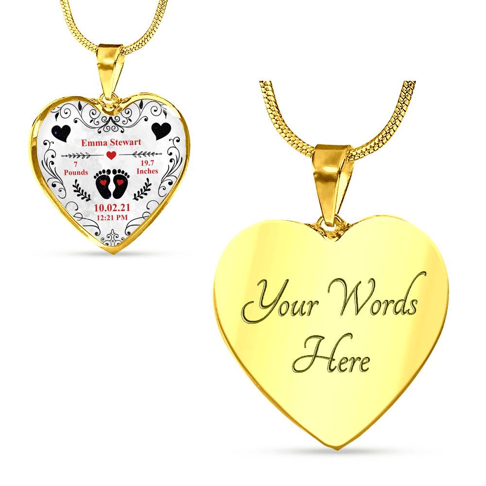 Personalized Baby Stats Heart Pendant Necklace - Bangle - Birth Announcement Gift