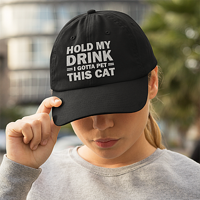Hold My Drink I Gotta Pet This Cat Funny Cat Twill Cap - High-Profile Snapback Hat - Cat Lover Trucker Hat