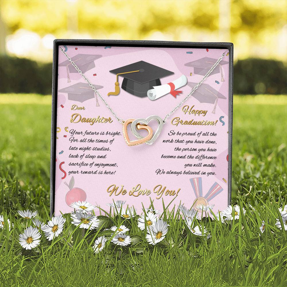 To My Daughter Happy Graduation Day Your Future Is Bright Interlocking Heart Pendant Necklace