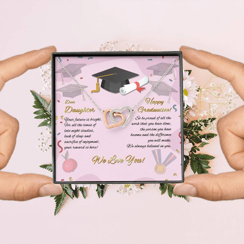 To My Daughter Happy Graduation Day Your Future Is Bright Interlocking Heart Pendant Necklace