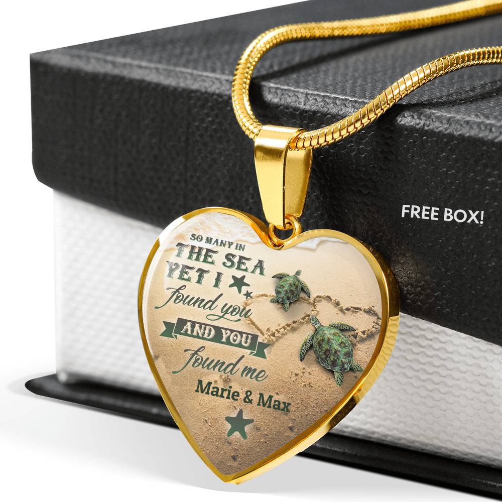 Personalized So Many in the Sea Yet I Found You and You Found Me Turtle Couple Heart Pendant Necklace