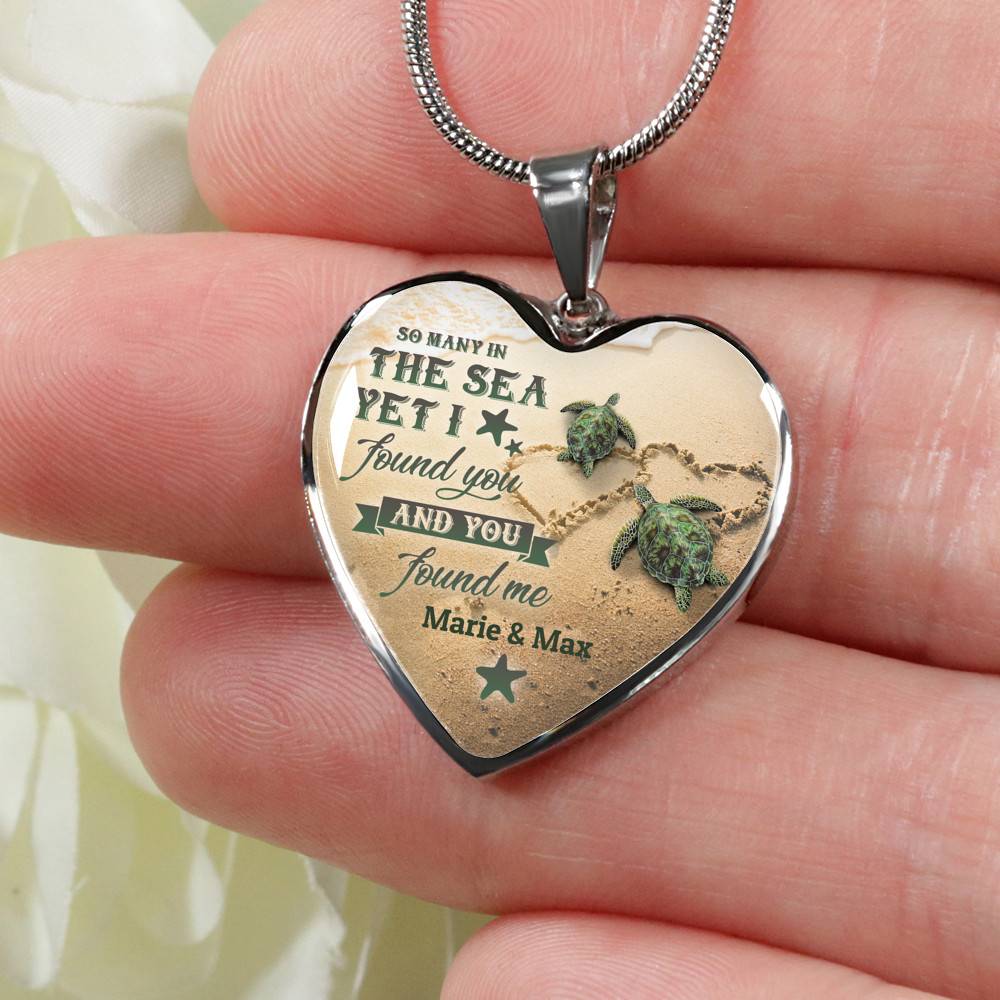 Personalized So Many in the Sea Yet I Found You and You Found Me Turtle Couple Heart Pendant Necklace