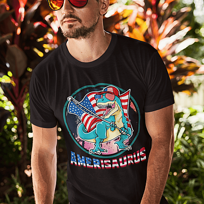 Alternative view of Amerisaurus Dinosaur USA Flag T-Shirt