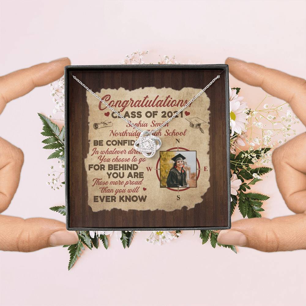 Personalized Photo Graduation Congratulation Wishes Be Confident In Whatever Direction Love Knot Necklace Personalized Photo Graduation Congratulation Wishes Be Confident In Whatever Direction Love Knot Necklace