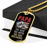 Papa The Man The Myth The Bad Influence American Flag Father's Day Luxury Dog Tag Pendant Necklace