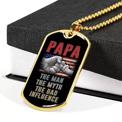 Papa The Man The Myth The Bad Influence American Flag Father's Day Luxury Dog Tag Pendant Necklace