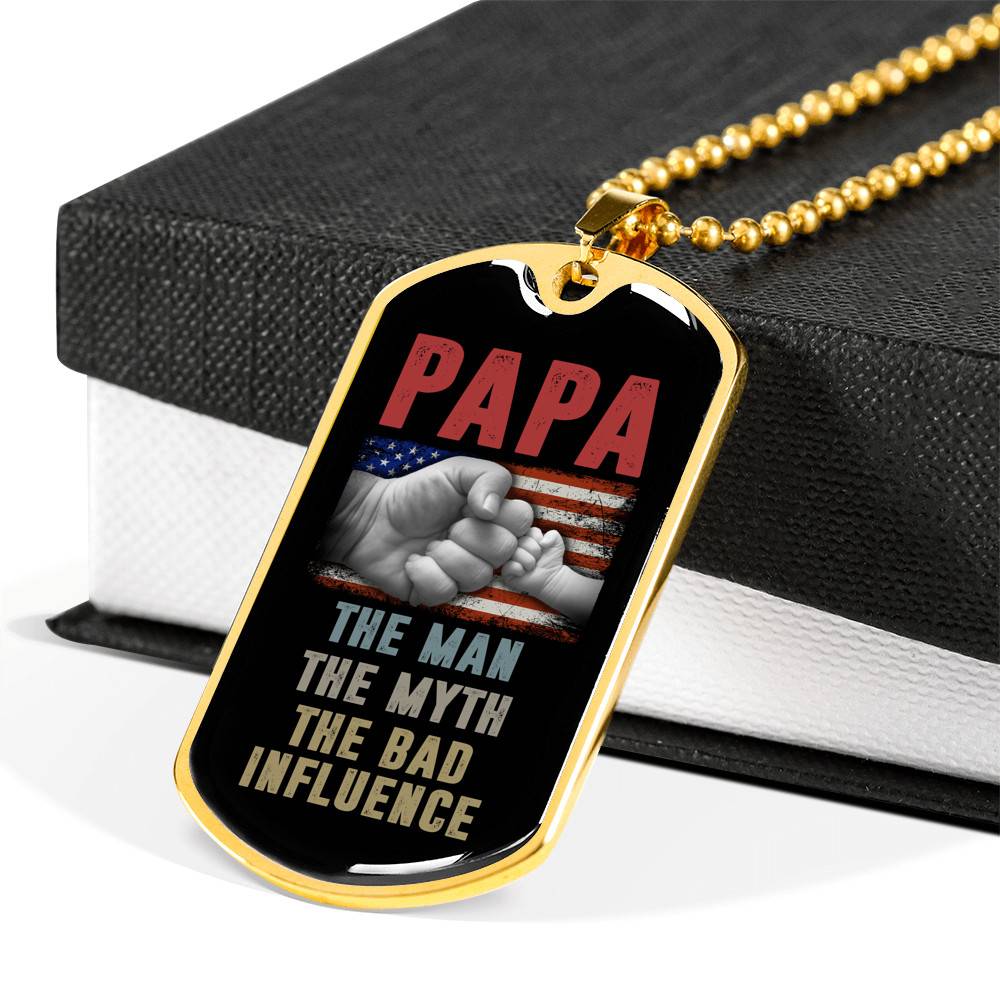 Papa The Man The Myth The Bad Influence American Flag Father's Day Luxury Dog Tag Pendant Necklace