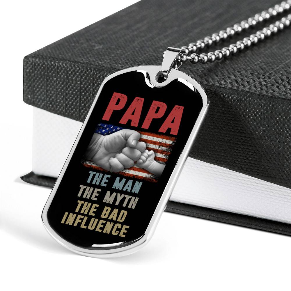Papa The Man The Myth The Bad Influence American Flag Father's Day Luxury Dog Tag Pendant Necklace