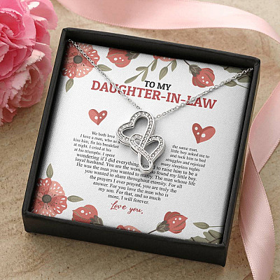 To My Daughter In Law We Both Love The Same Man I Will Forever Love You Double Hearts Necklace
