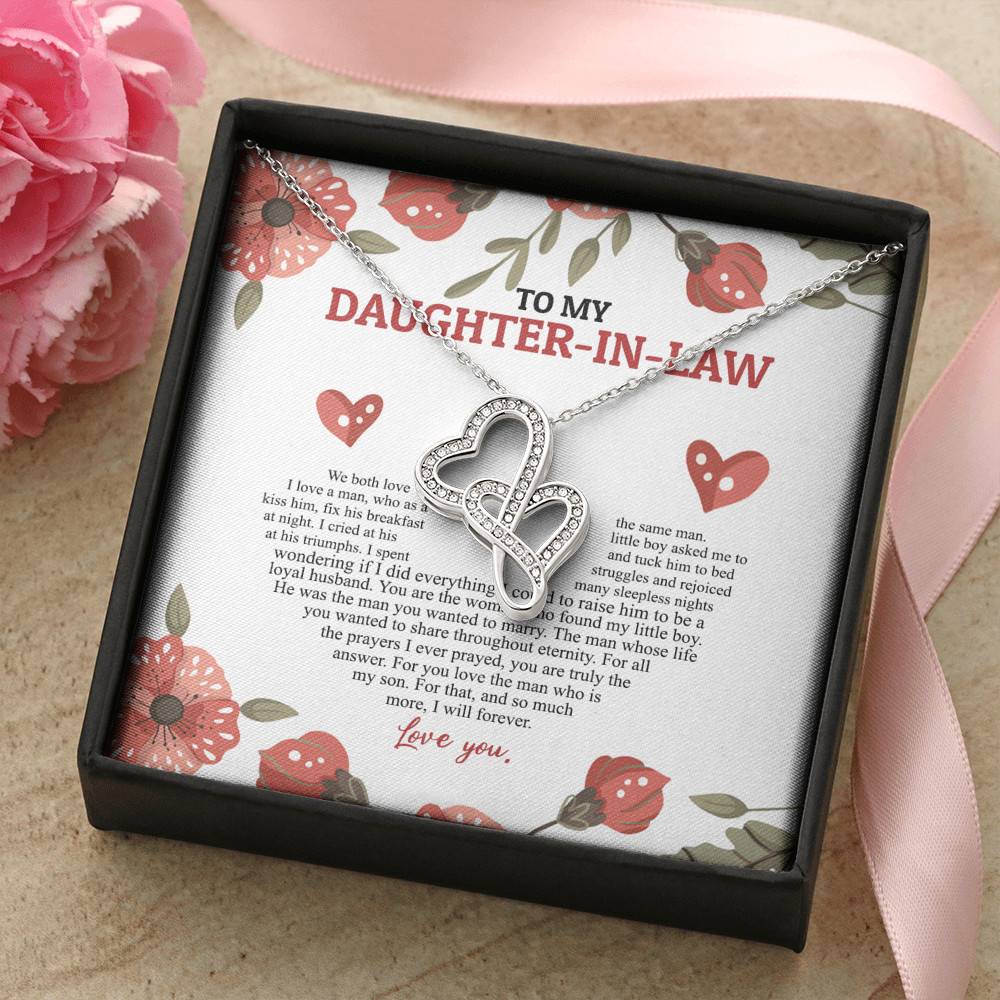 To My Daughter In Law We Both Love The Same Man I Will Forever Love You Double Hearts Necklace