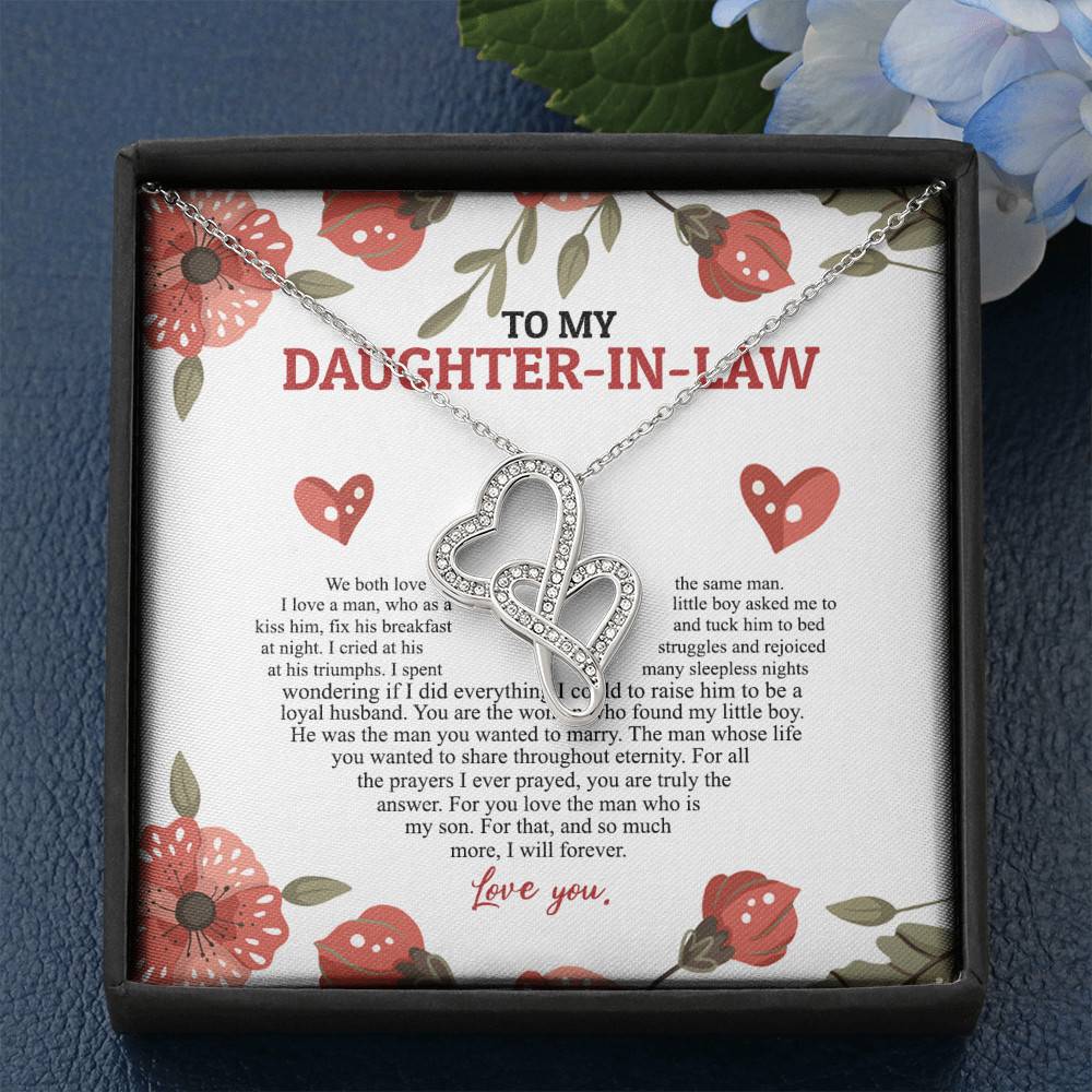 To My Daughter In Law We Both Love The Same Man I Will Forever Love You Double Hearts Necklace