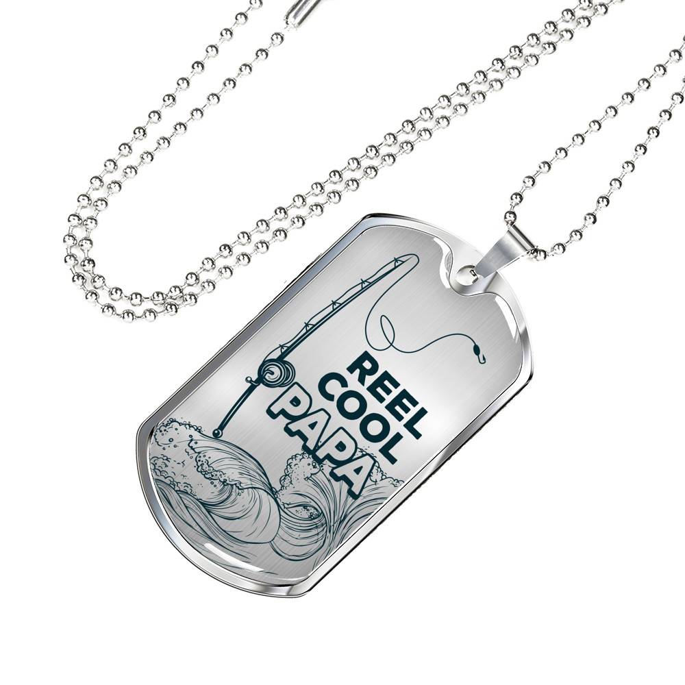 Reel Cool Dad Vintage Fishing Dad Dog Tag Pendant Necklace