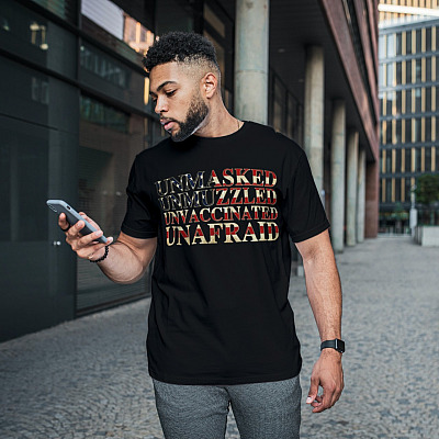 Alternative view of Unmasked Unmuzzled Unvaccinated Unafraid America Flag T-Shirt
