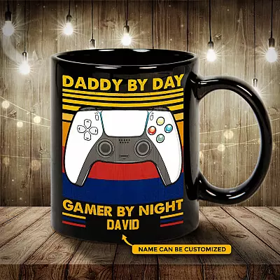 Personalized Daddy By Day Gamer By Night Ceramic Coffee Mug - Dad Gaming Water Bottle - Beer Stein