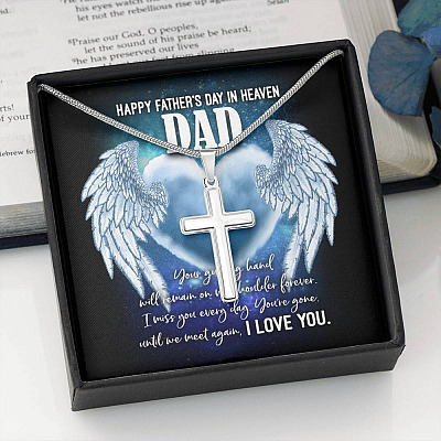 Happy Father's Day in Heaven Dad Your Guiding Hand Will Remain Sympathy Gifts Artisan Crafted Cross Necklace