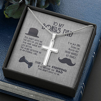 To My Bonus Dad Artisan Crafted Cross Necklace - Step Dad Cross Necklace - Bonus Dad Father's Day Gift