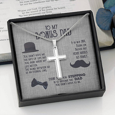 To My Bonus Dad Artisan Crafted Cross Necklace - Step Dad Cross Necklace - Bonus Dad Father's Day Gift