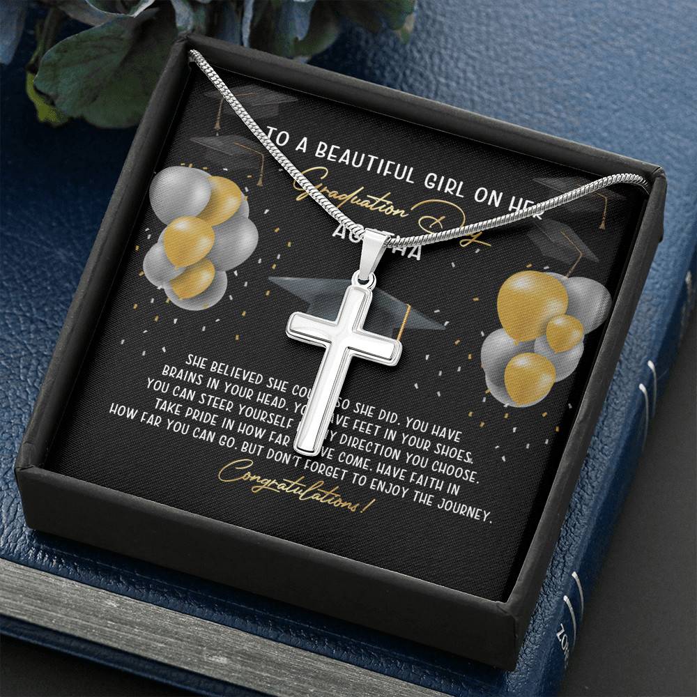 Personalized She Believed She Could So She Did Artisan Crafted Cross Necklace