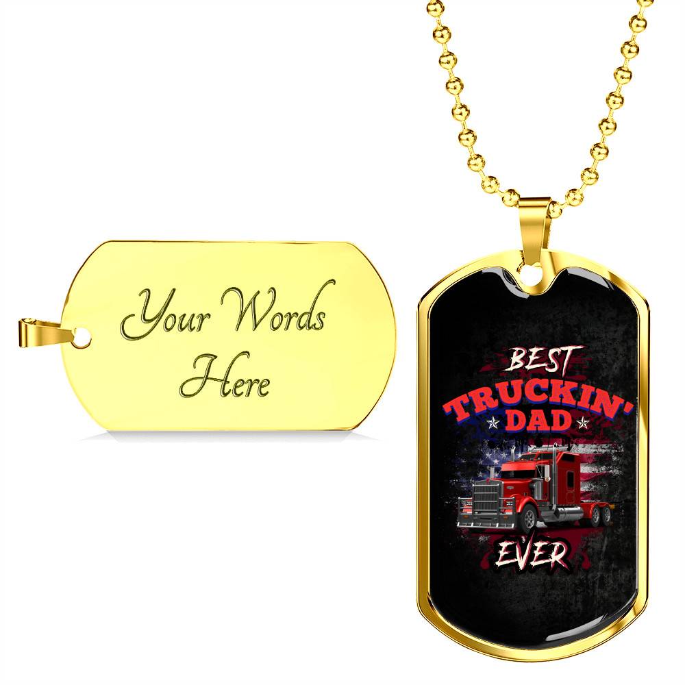Vintage Best Truckin Dad Ever Rig Truck American Flag Dog Tag Pendant Necklace - Dog Tag (Gold Plated)