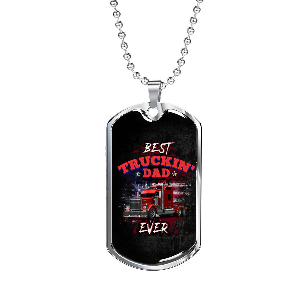 Vintage Best Truckin Dad Ever Rig Truck American Flag Dog Tag Pendant Necklace - Dog Tag (Silver)