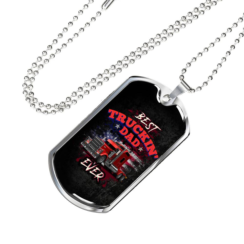Vintage Best Truckin Dad Ever Rig Truck American Flag Dog Tag Pendant Necklace - Dog Tag (Silver)