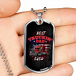 Vintage Best Truckin Dad Ever Rig Truck American Flag Dog Tag Pendant Necklace - Dog Tag (Silver)