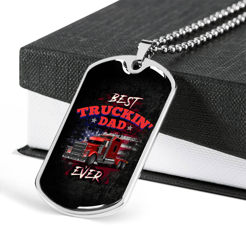 Vintage Best Truckin Dad Ever Rig Truck American Flag Dog Tag Pendant Necklace - Dog Tag (Silver)