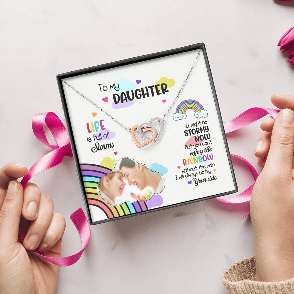 Custom Photo To My Daughter Necklace Ill Always Be by Your Side Interlocking Heart Pendant Necklace