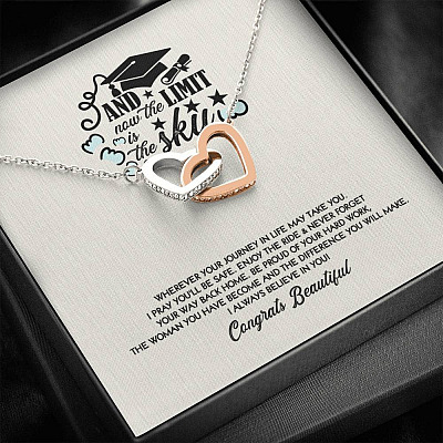 Congratulations Graduation And Now The Limit Is The Sky Graduated Interlocking Hearts Necklace