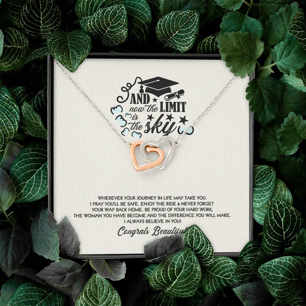 Congratulations Graduation And Now The Limit Is The Sky Graduated Interlocking Hearts Necklace