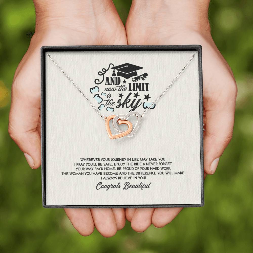 Congratulations Graduation And Now The Limit Is The Sky Graduated Interlocking Hearts Necklace
