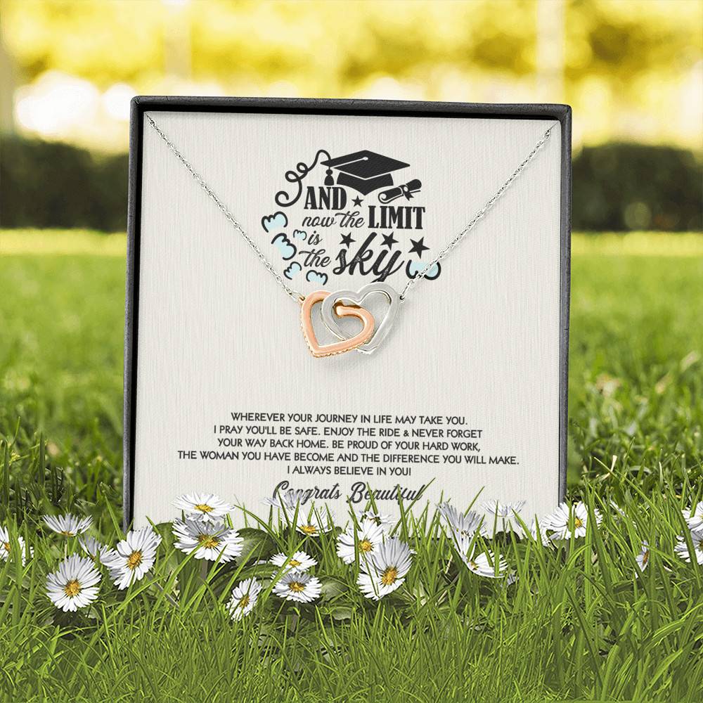 Congratulations Graduation And Now The Limit Is The Sky Graduated Interlocking Hearts Necklace