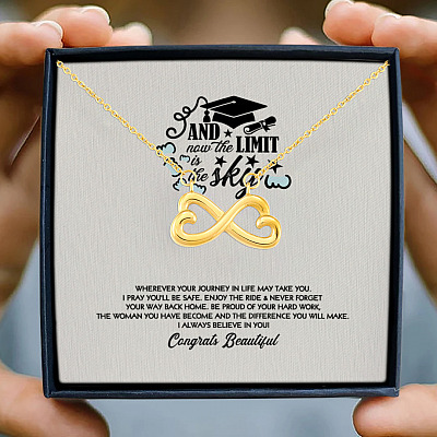 Alternative view of Congratulations Graduation And Now The Limit Is The Sky Graduated Infinity Heart Necklace