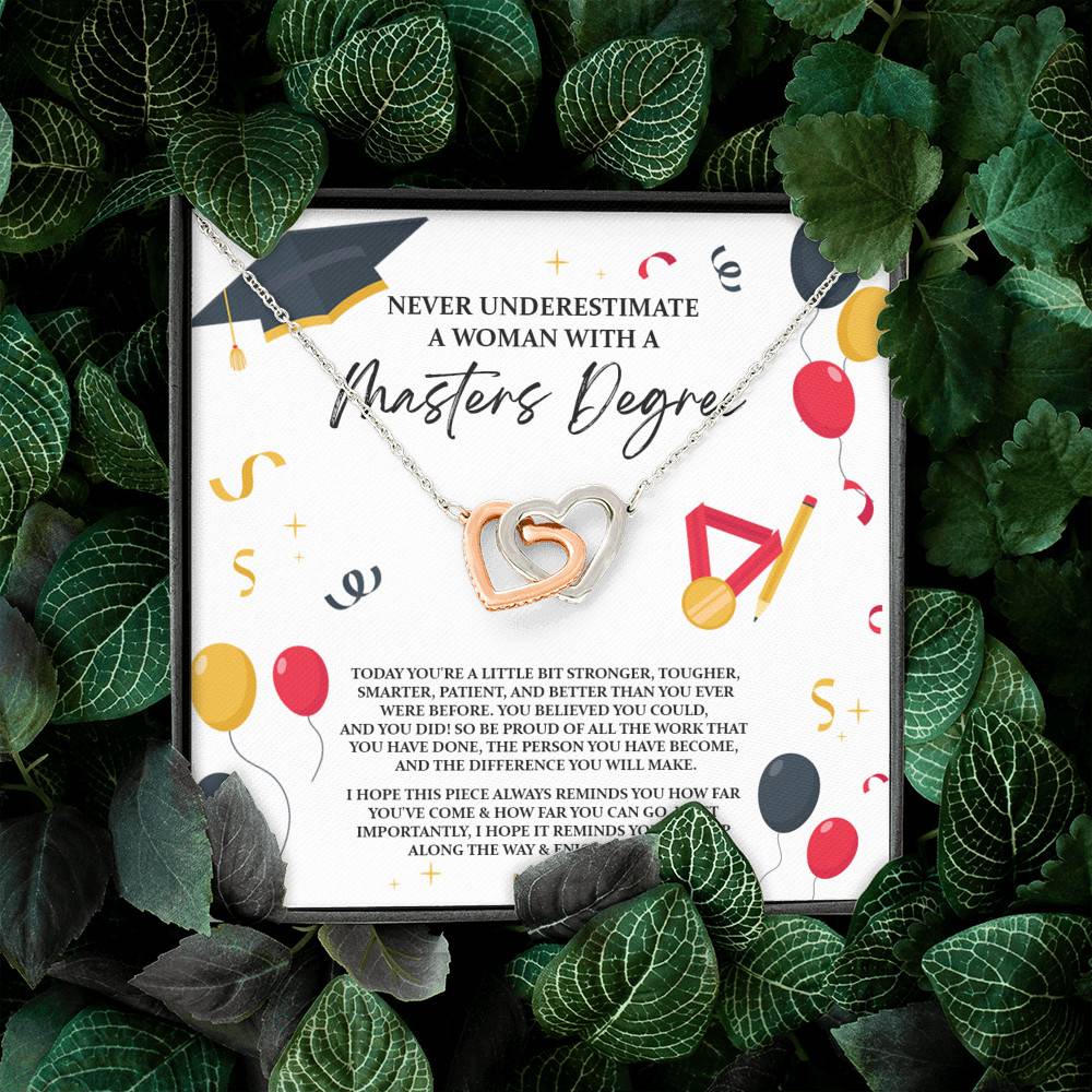 Masters Graduation Never Underestimate a Woman with Masters Degree Interlocking Heart Pendant Necklace