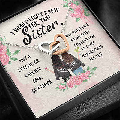 I Would Fight a Bear for You Sister Not a Grizzly or a Brown Bear Interlocking Hearts Necklace