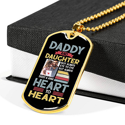 Personalized Photo Daddy and Daughter Not Always Eye to Eye but Always Heart to Heart Dog Tag Pendant Necklace