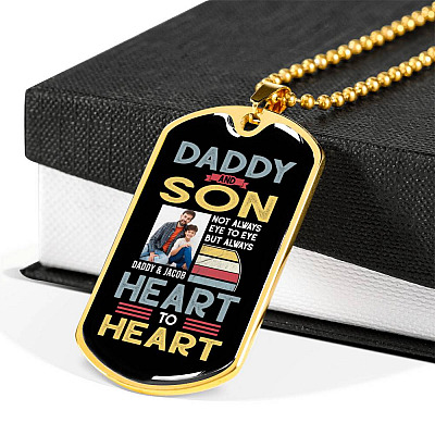 Personalized Photo Daddy and Son Not Always Eye to Eye but Always Heart to Heart Dog Tag Pendant Necklace