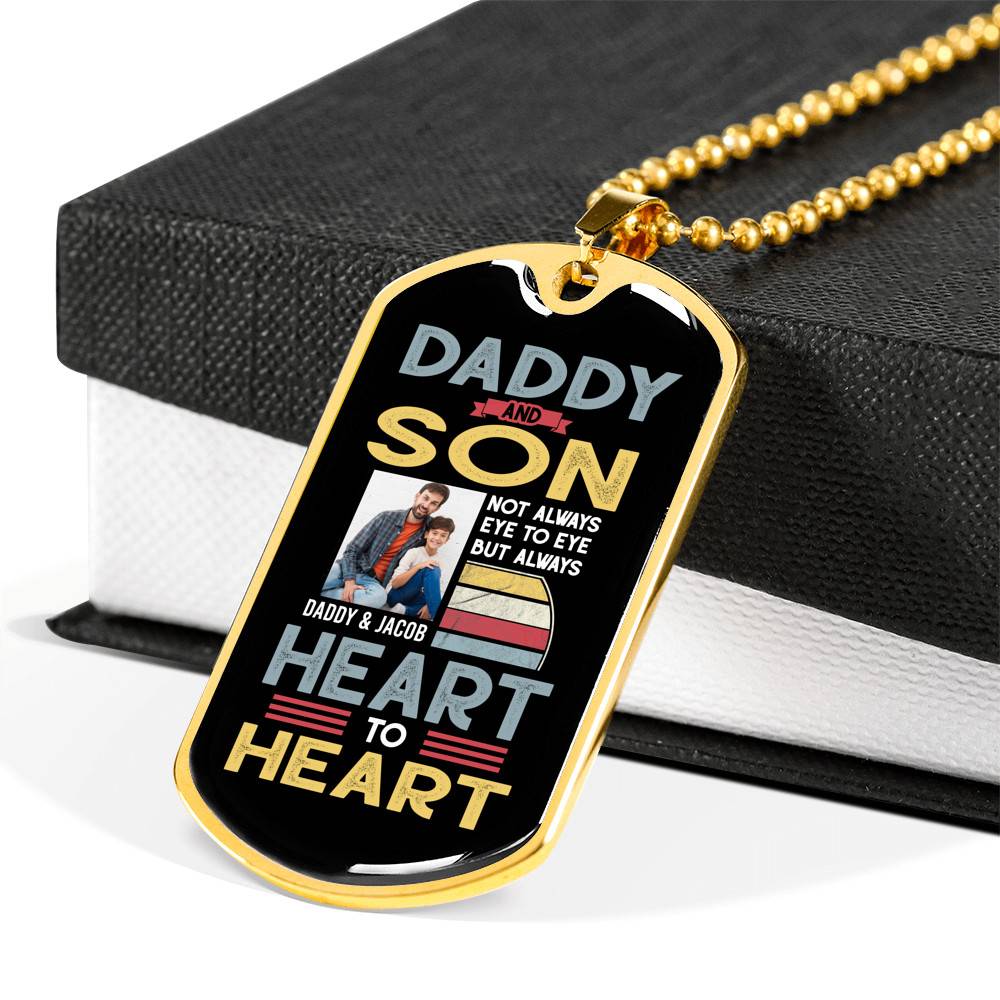 Personalized Photo Daddy and Son Not Always Eye to Eye but Always Heart to Heart Dog Tag Pendant Necklace