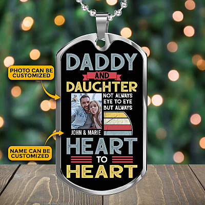 Alternative view of Personalized Photo Daddy and Daughter Not Always Eye to Eye but Always Heart to Heart Dog Tag Pendant Necklace