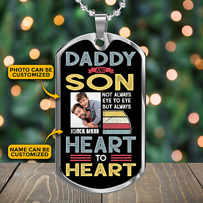 Alternative view of Personalized Photo Daddy and Son Not Always Eye to Eye but Always Heart to Heart Dog Tag Pendant Necklace