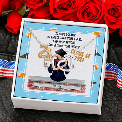 Alternative view of Personalized Graduation Let Your Dreams Be Bigger Than Your Fears Interlocking Heart Pendant Necklace