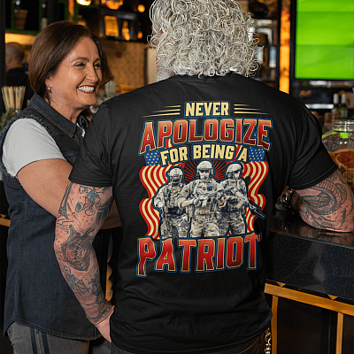 Alternative view of Never Apologize For Being A Patriot Print On Back Only - Plain Front T-Shirt