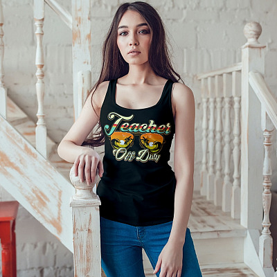 Alternative view of Teacher Off Duty Sunglasses Beach Sunset Cotton Tank Top Tee-Ladies Racerback Tank-Summer Teacher Tank Top