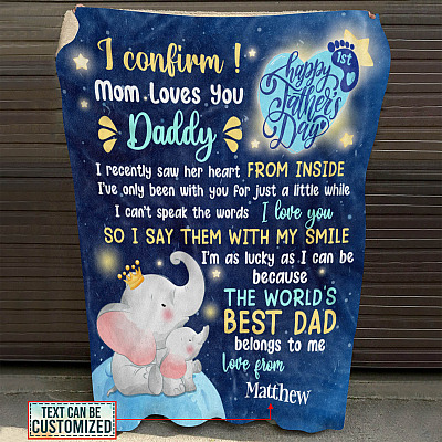 Alternative view of Personalized I Confirm Mom Loves You Daddy Happy 1st Father's Day Elephant Fleece Blanket - Mink Sherpa Blanket